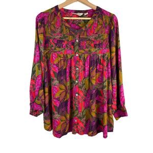 Caffe Marrakesh Women's 2X Green Pink Purple Floral Colorful Button Up Boho Top